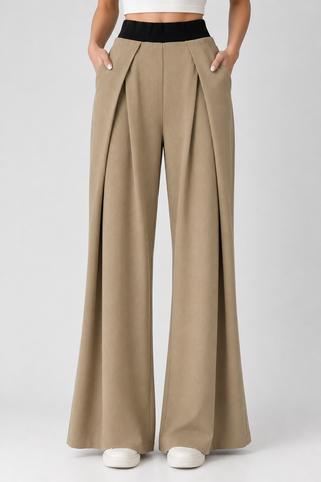 Wide leg beige trousers with a brown elasticated pleated waistband