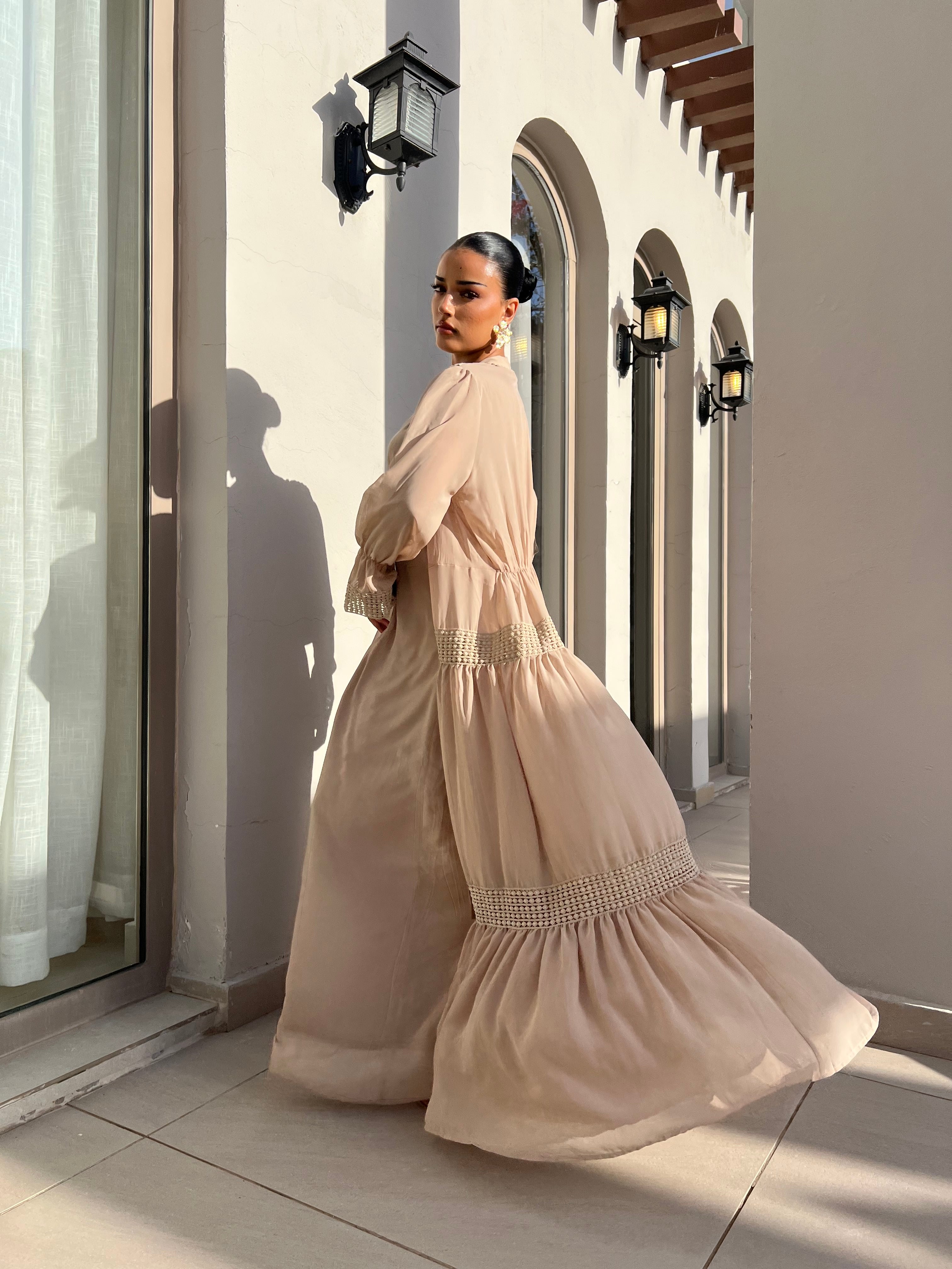 Abaya with lace circles, dress, and waist tie