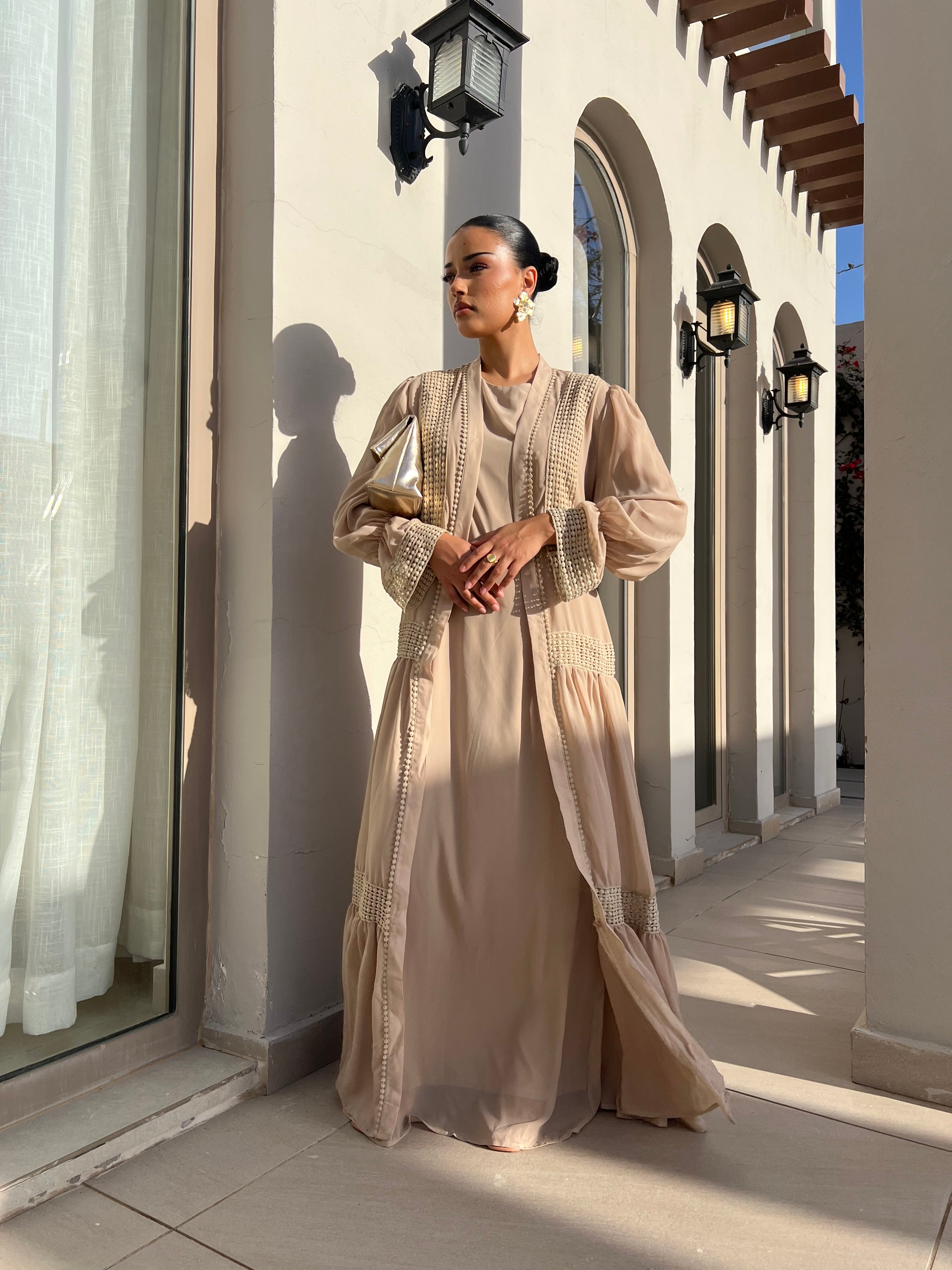 Abaya with lace circles, dress, and waist tie