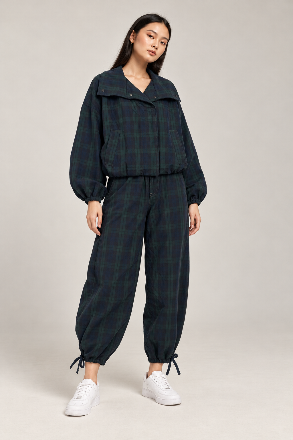 Navy and olive plaid bomber jacket