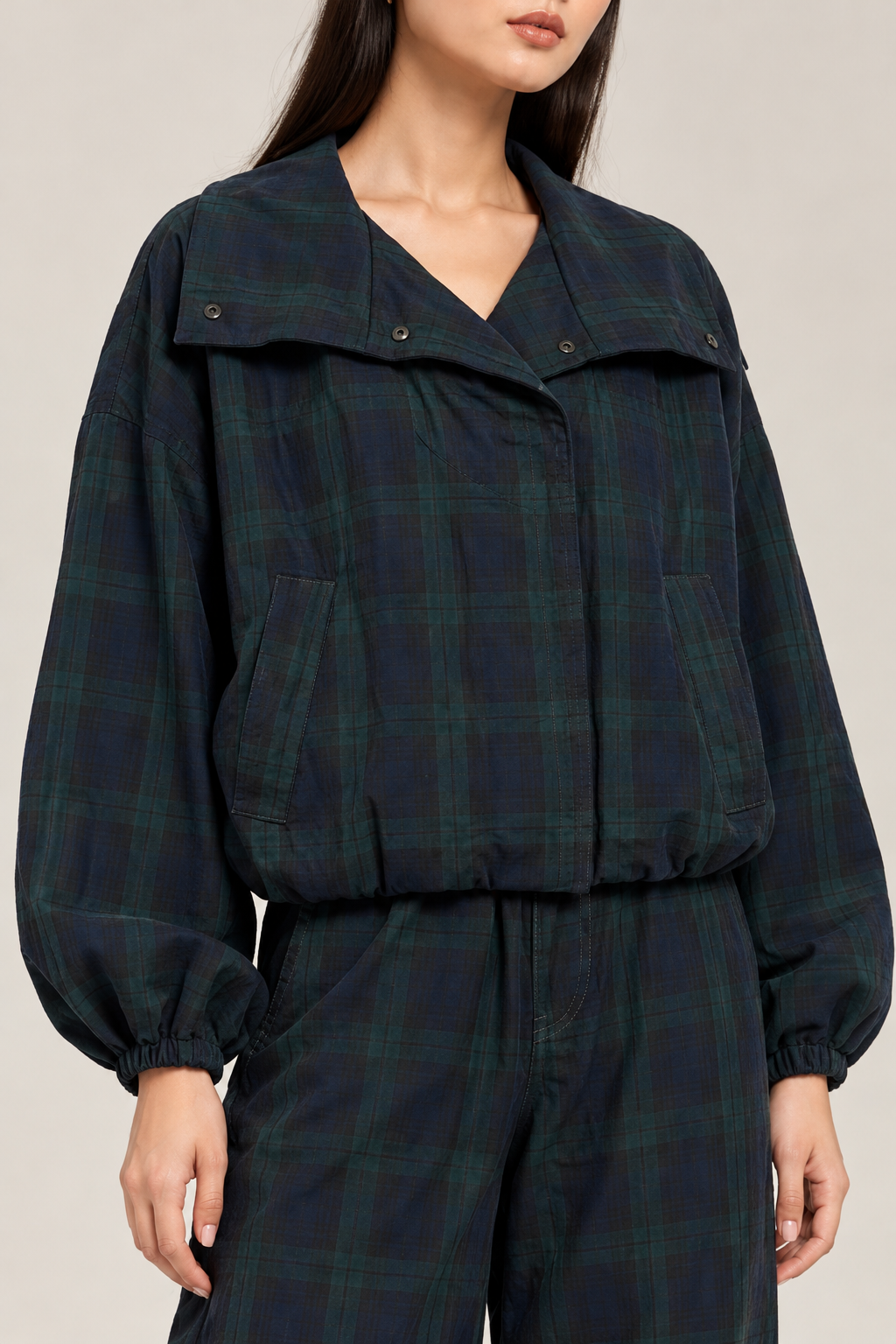 Navy and olive plaid bomber jacket
