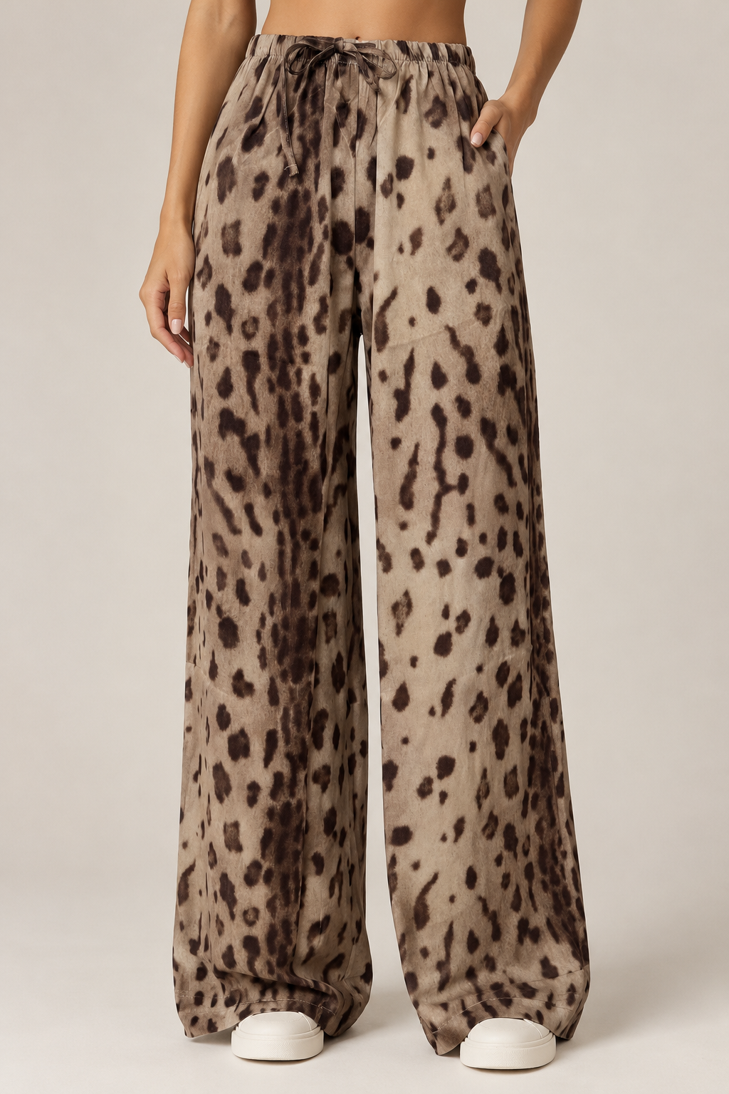 Suede gazelle satin straight cut trousers with tie waist