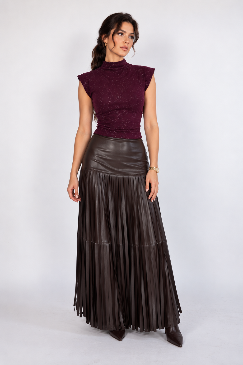 Leather maxi skirt with fringe detailing