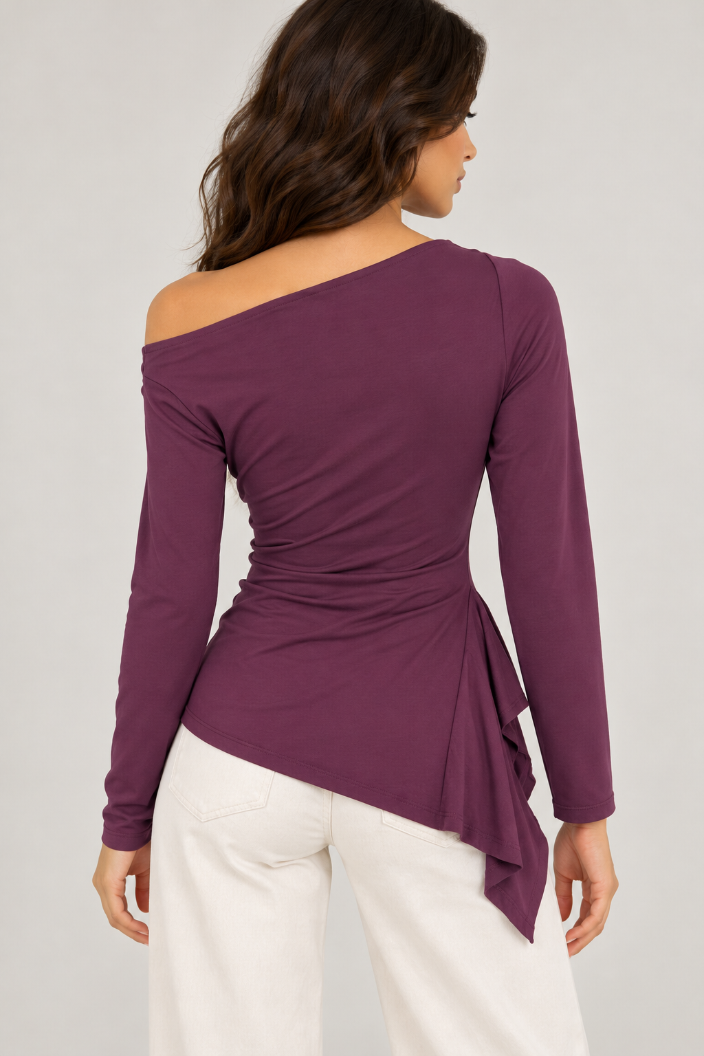 One-shoulder blouse with a side ruffled waist