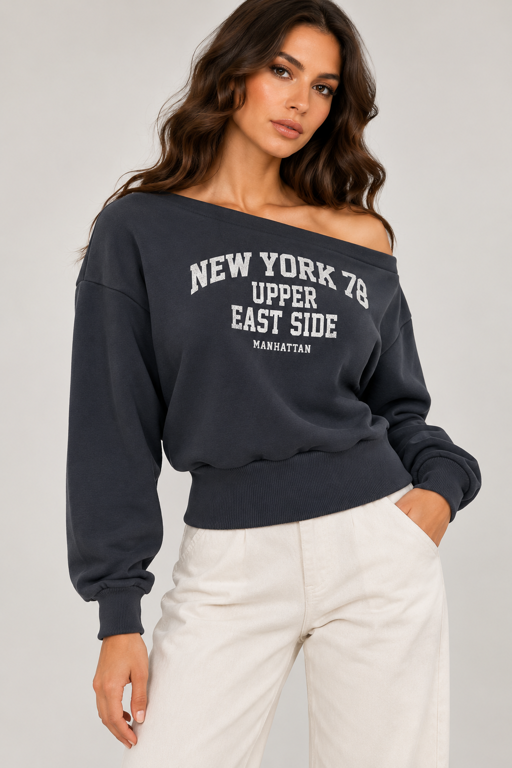"NEW YORK78" off-shoulder blouse with a charcoal waistband