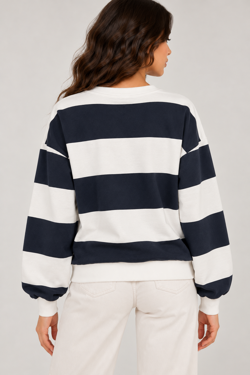 Oversized blouse with navy and white stripes, printed on the front.