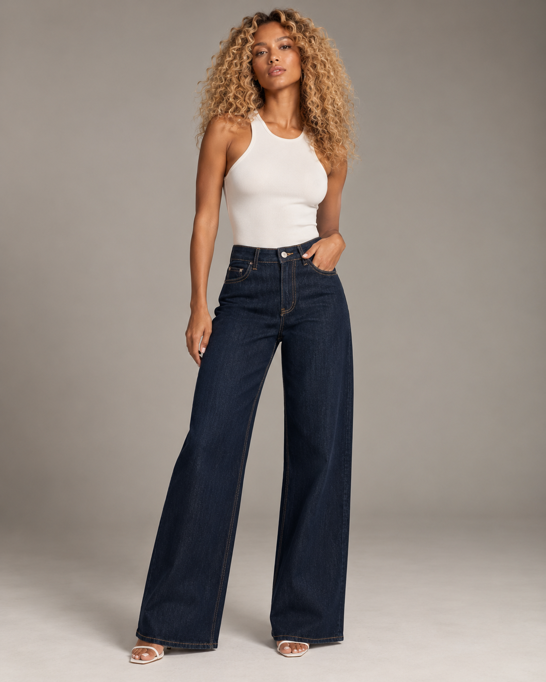 Dark blue straight cut high waist jeans
