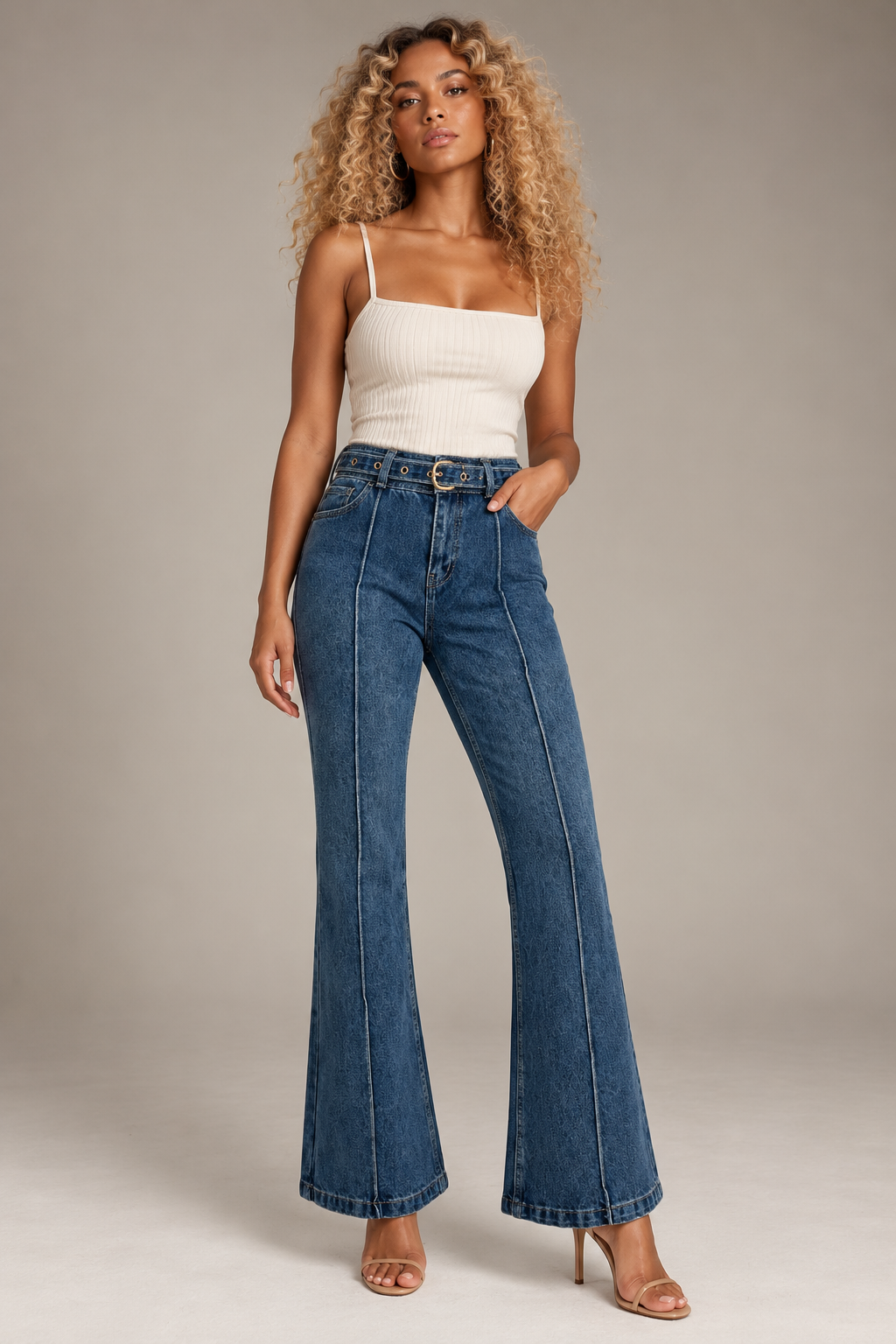 Blue jeans with a center line and a denim belt
