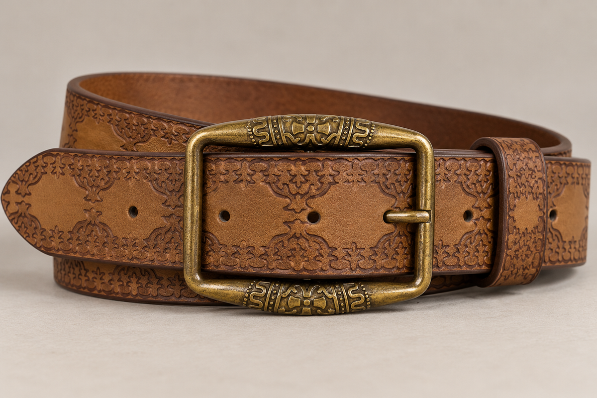 Light dusty blue jeans with a honey-colored belt pattern