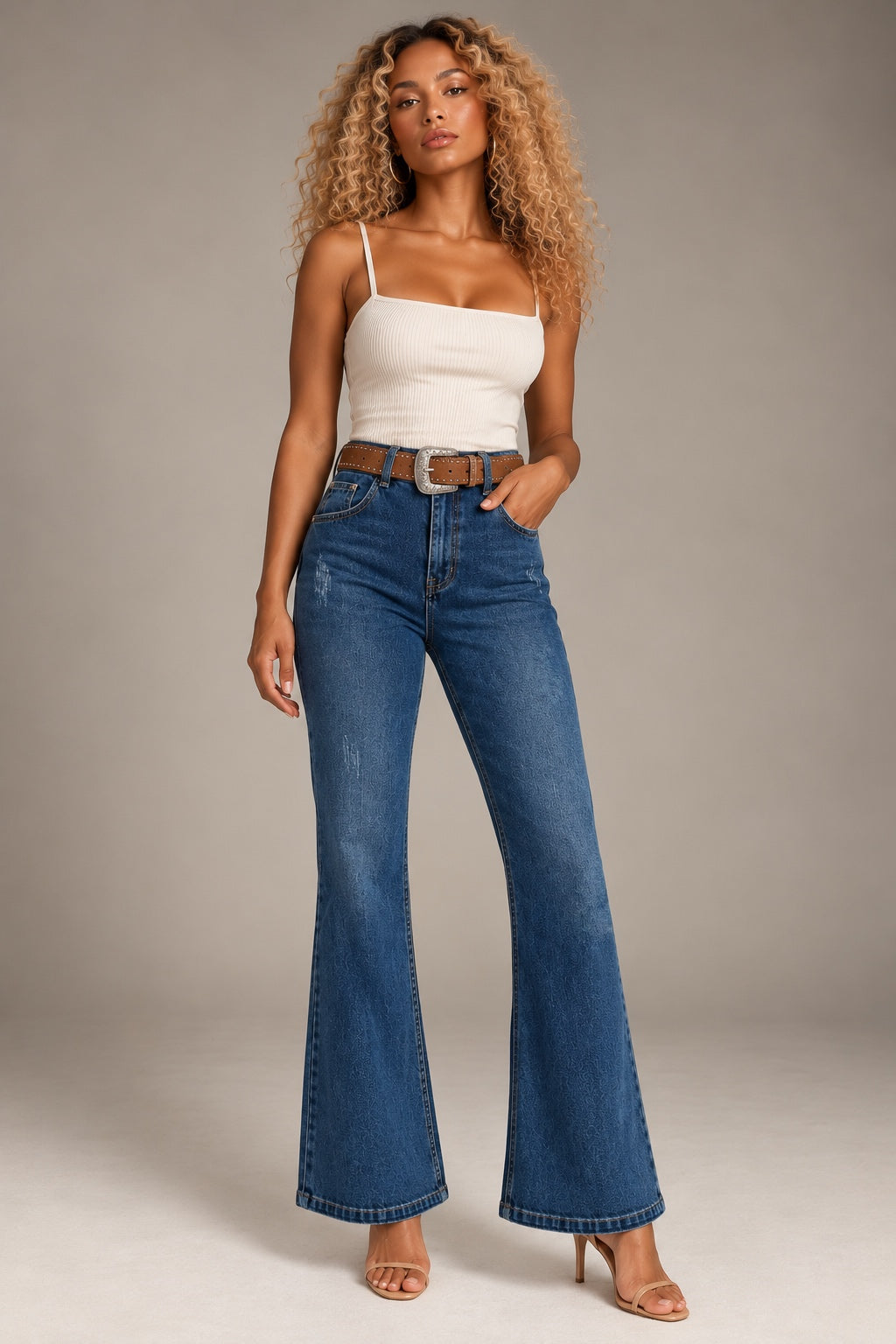 Blue jeans with a honey-colored belt