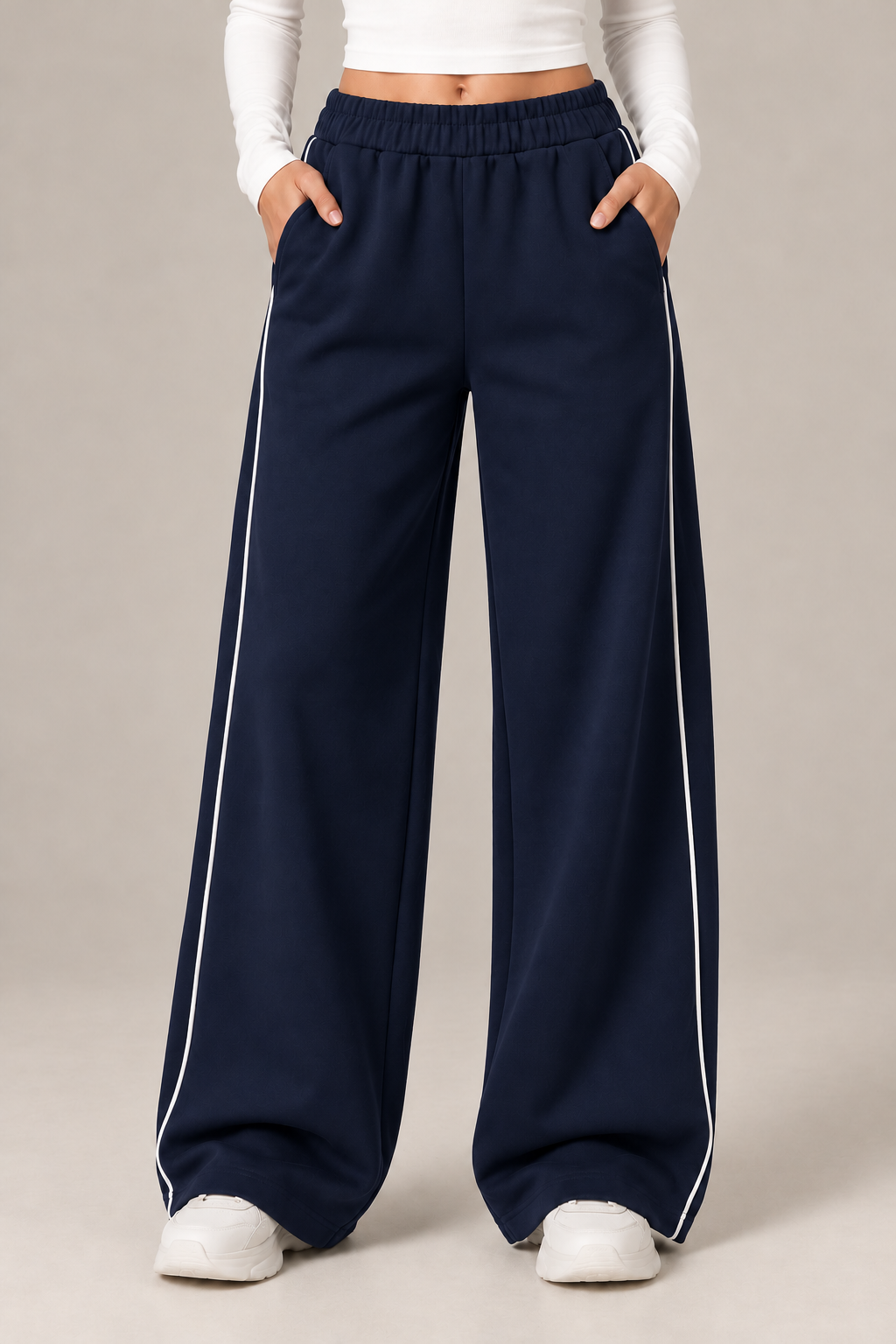 Wide leg sweatpants with a white stripe down the sides and an elastic waistband.