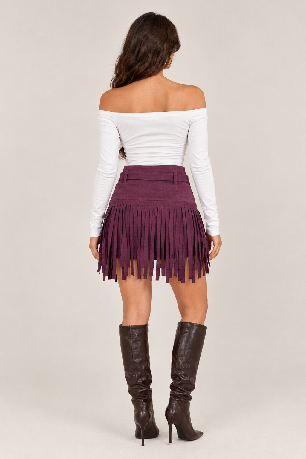 Mini suede fringe skirt with belt