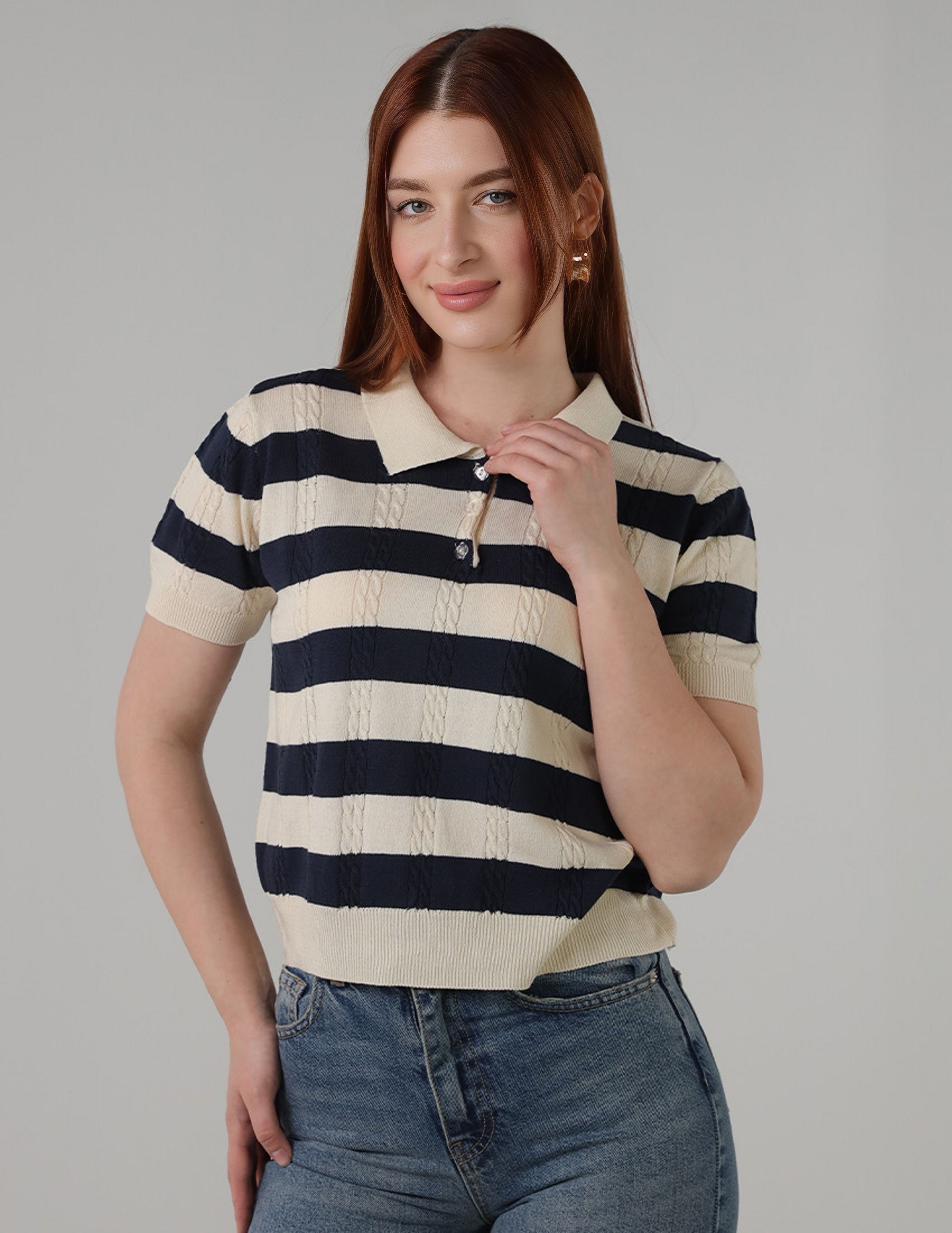 Slim-Fit Braided Striped Polo Shirt with Embroidered Bow