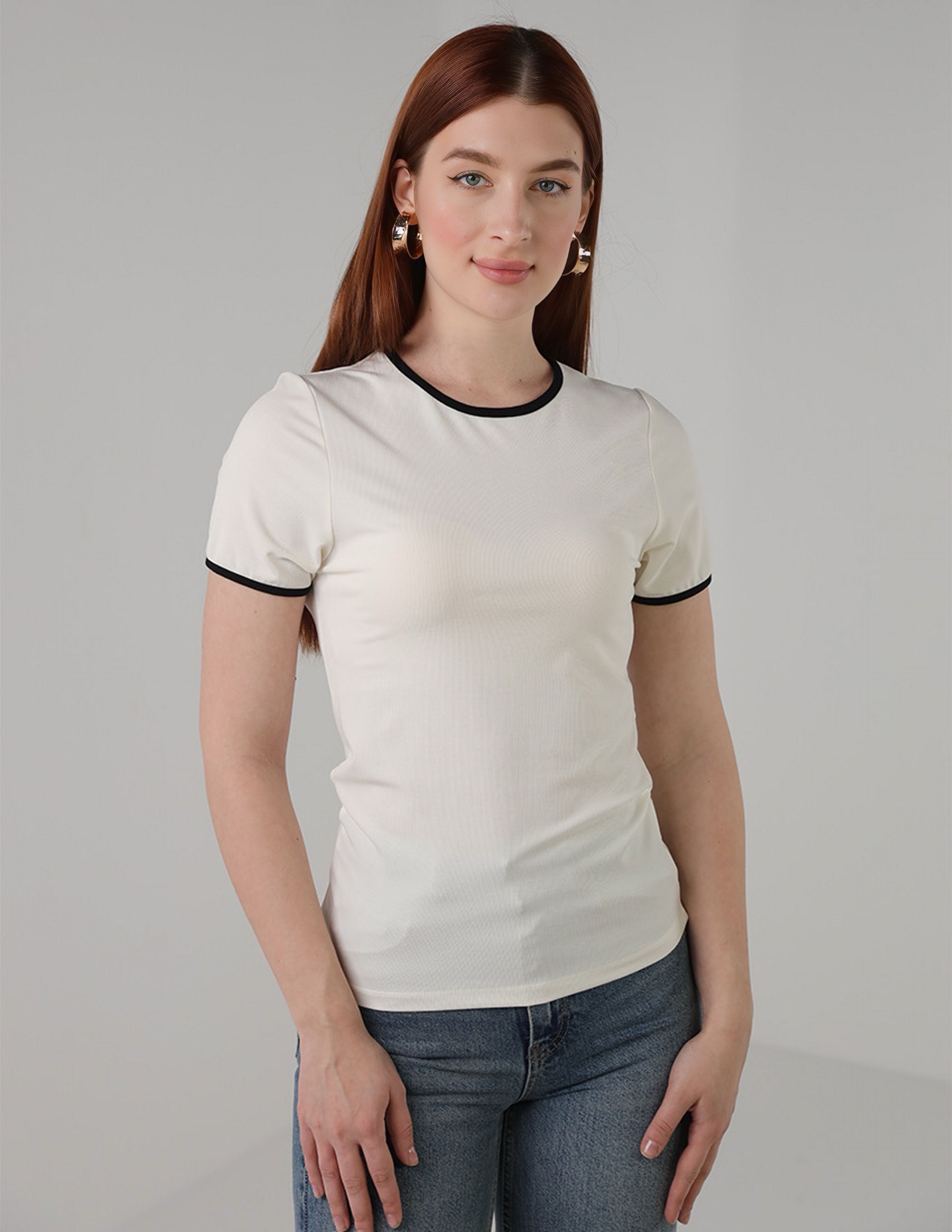 Fitted White T-Shirt with Contrast Black Trim