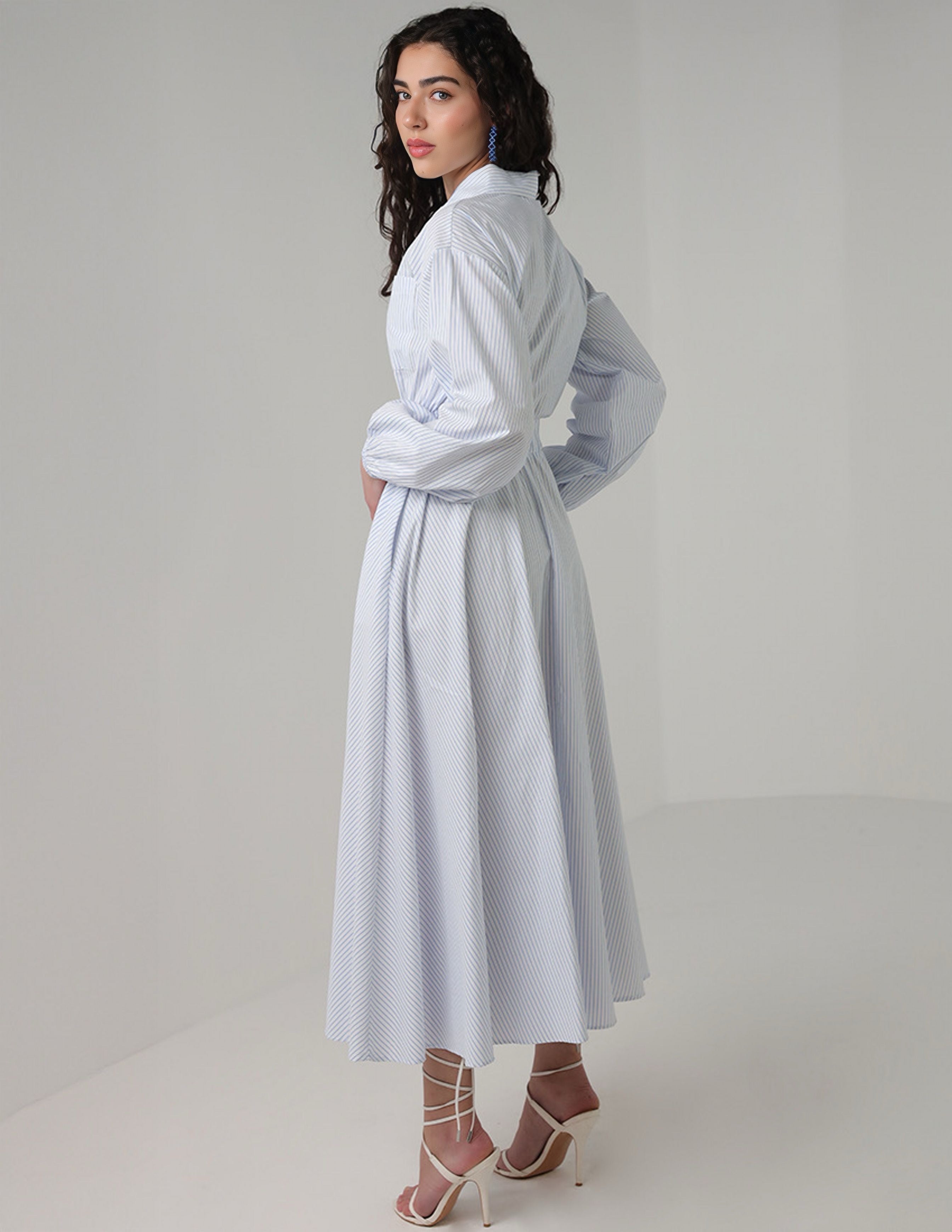 Striped Shirt Dress with Elastic Waist