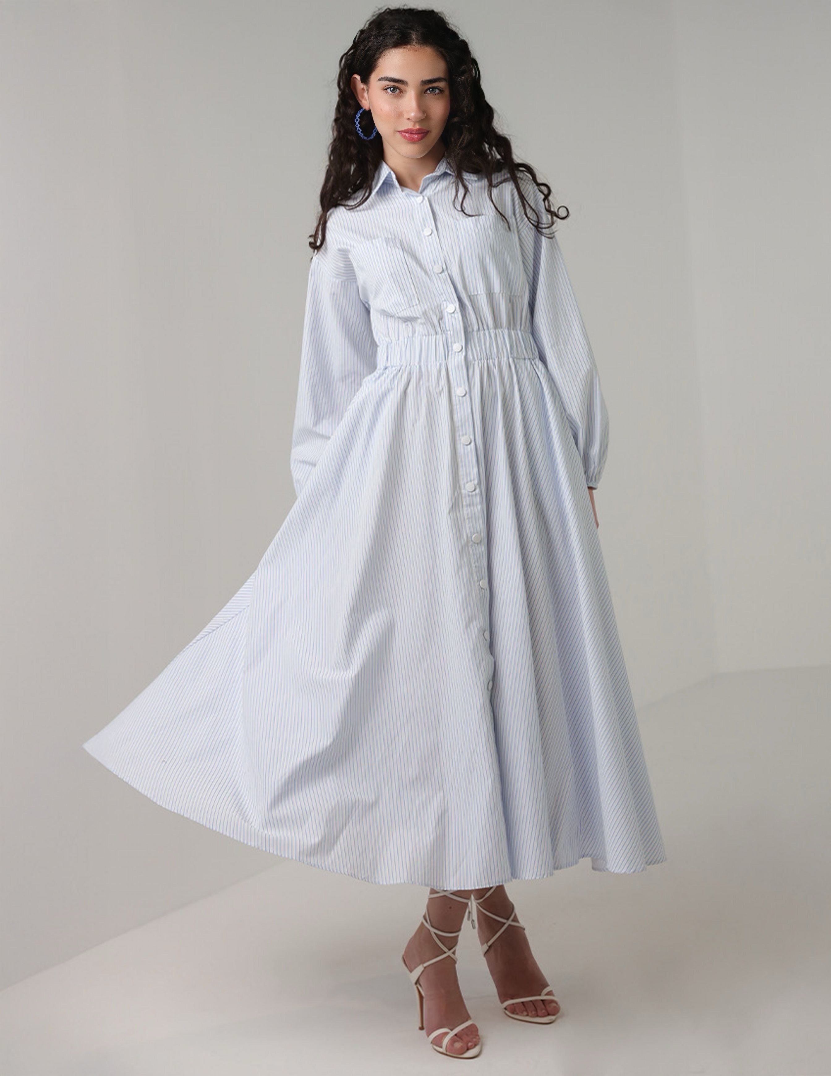 Striped Shirt Dress with Elastic Waist