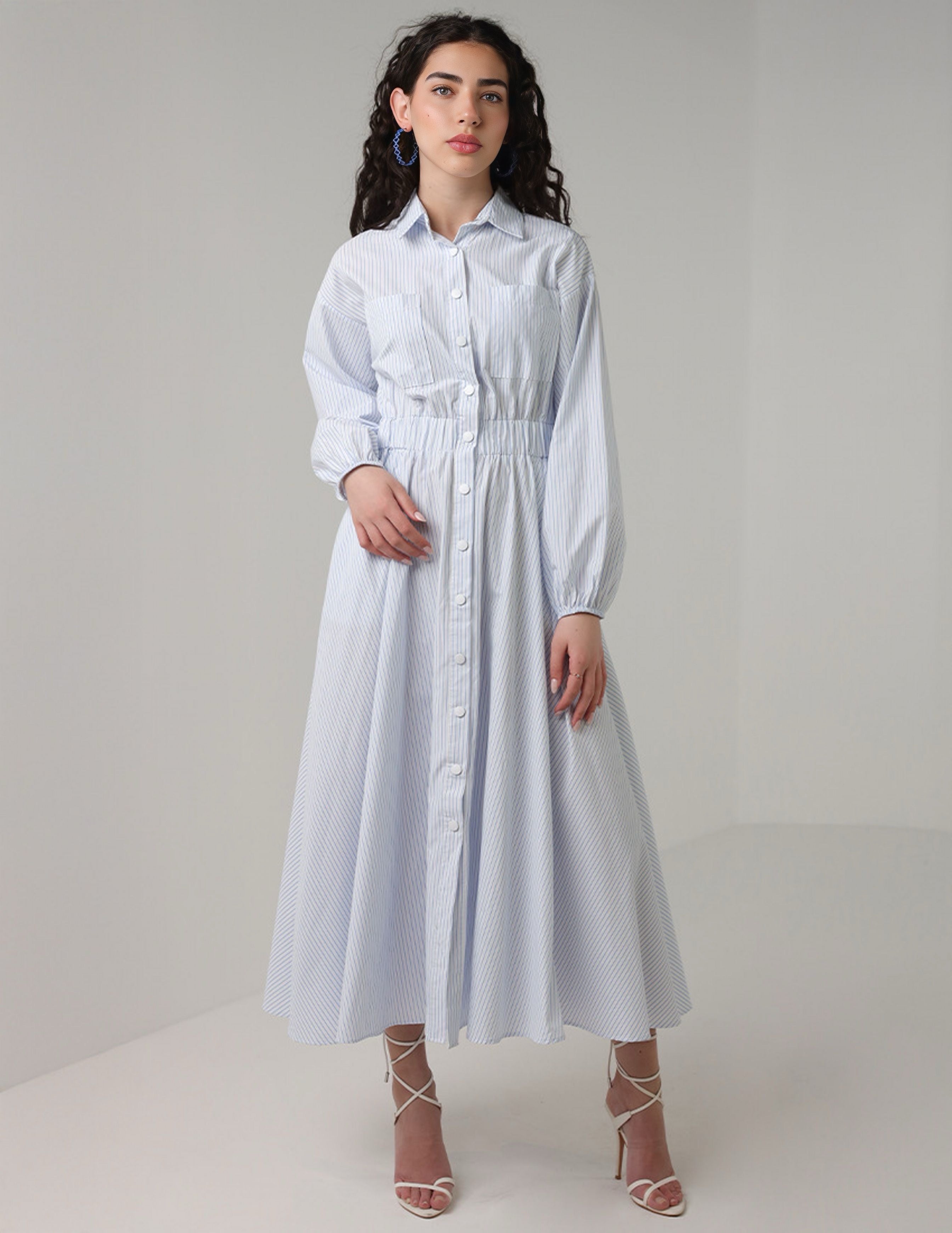 Striped Shirt Dress with Elastic Waist