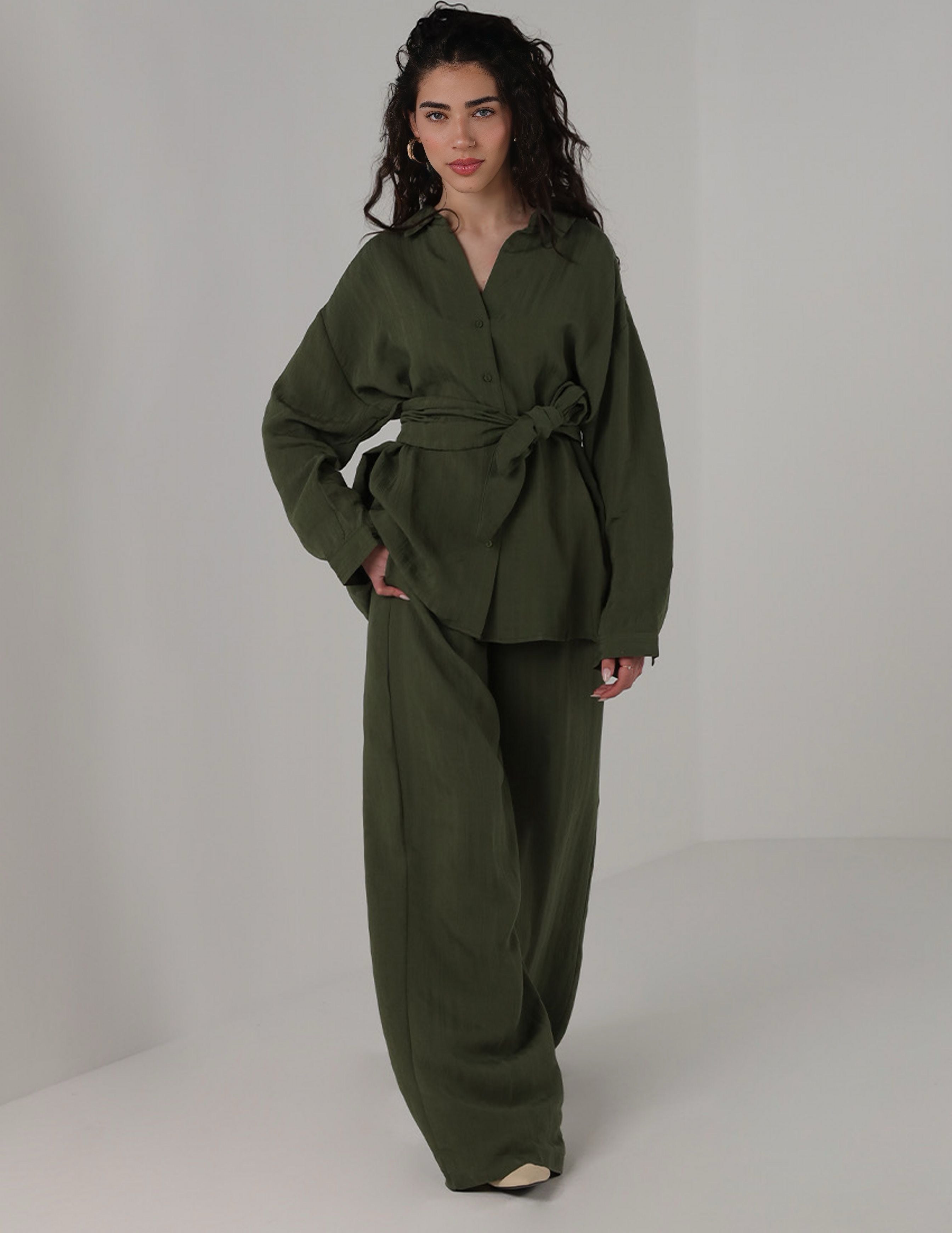 Olive Green Two-Piece Set with Tie Belt and Wide-Legged Pants