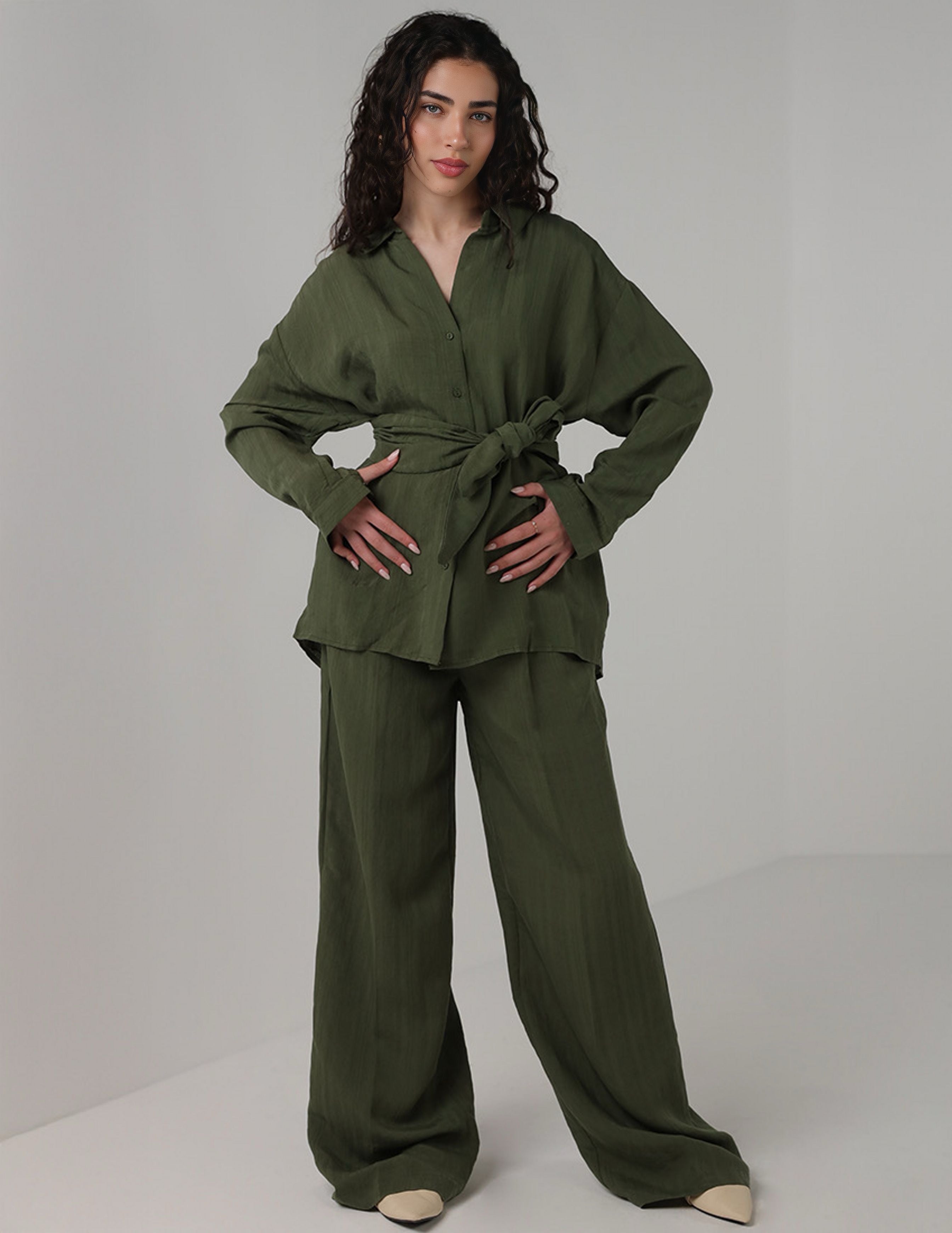 Olive Green Two-Piece Set with Tie Belt and Wide-Legged Pants