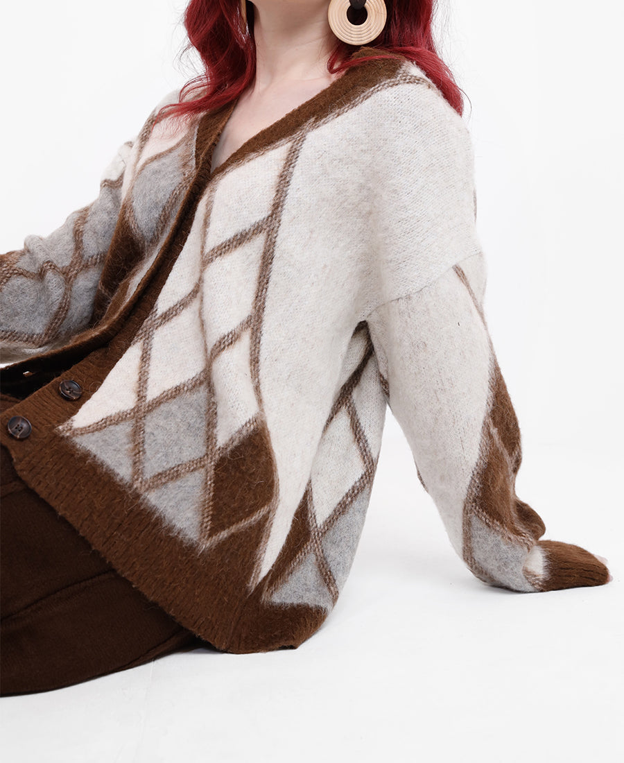 V-neck argyle short Cardigan