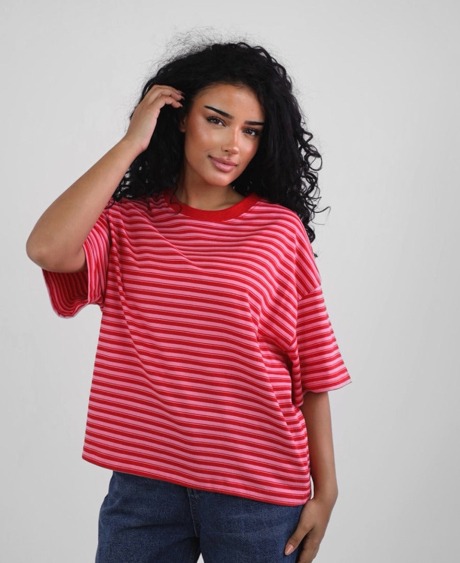 Oversized red-pink striped T-shirt