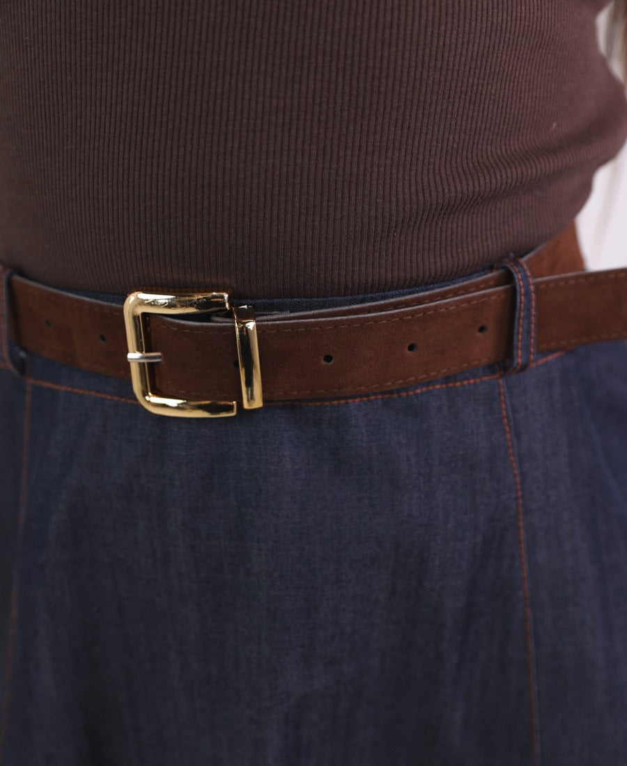 Brown denim tank top dress with belt