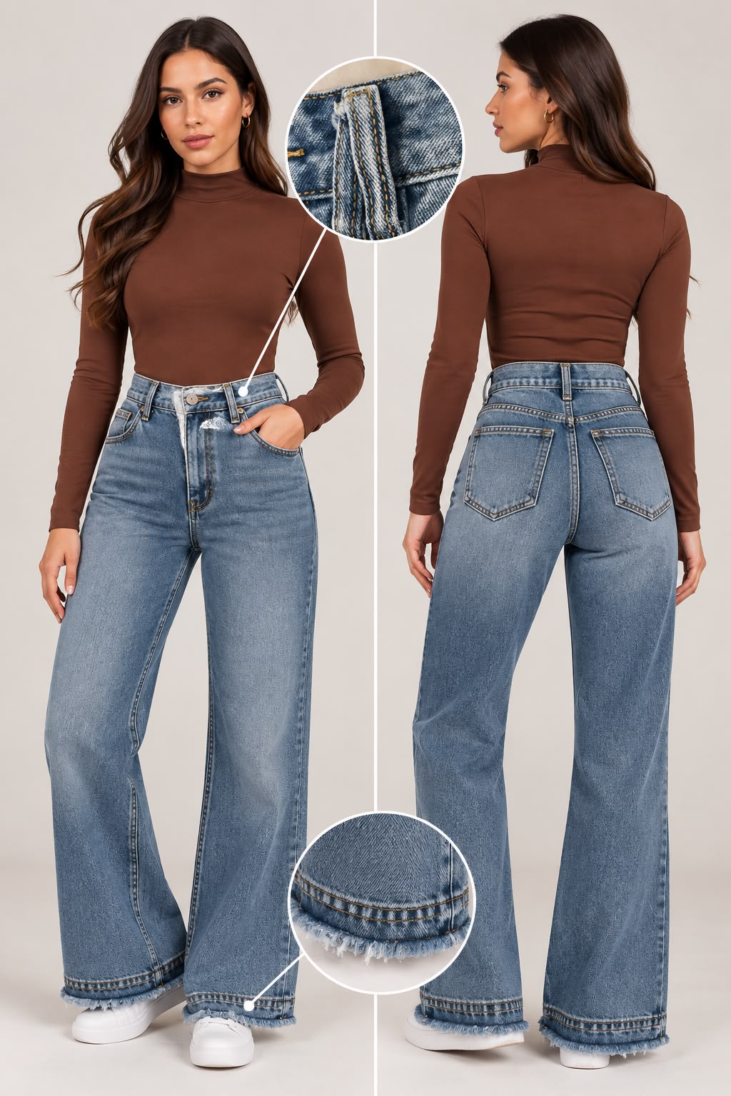 Wide-leg jeans featuring distressed details at the hem.