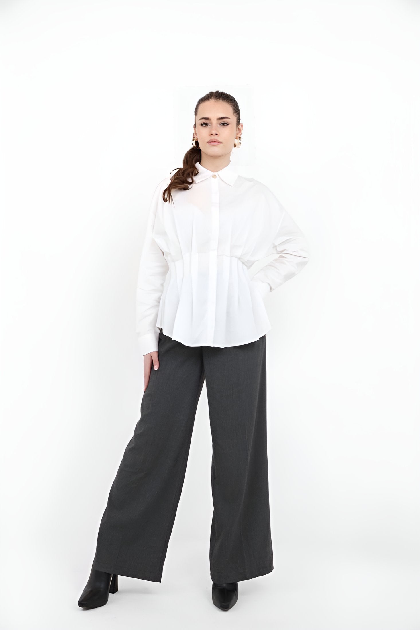 Pinstripe high-waisted, wide-leg trousers